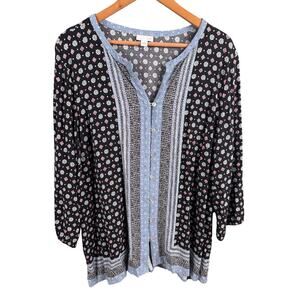 J Jill Women's Size XL Blue Printed 3/4 Sleeve Collarless Button Up Shirt Blouse